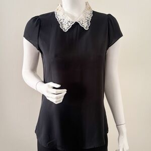 Vintage April Black Short Sleeve Top w Cream Lace Delicate Beaded Sequin Collar
